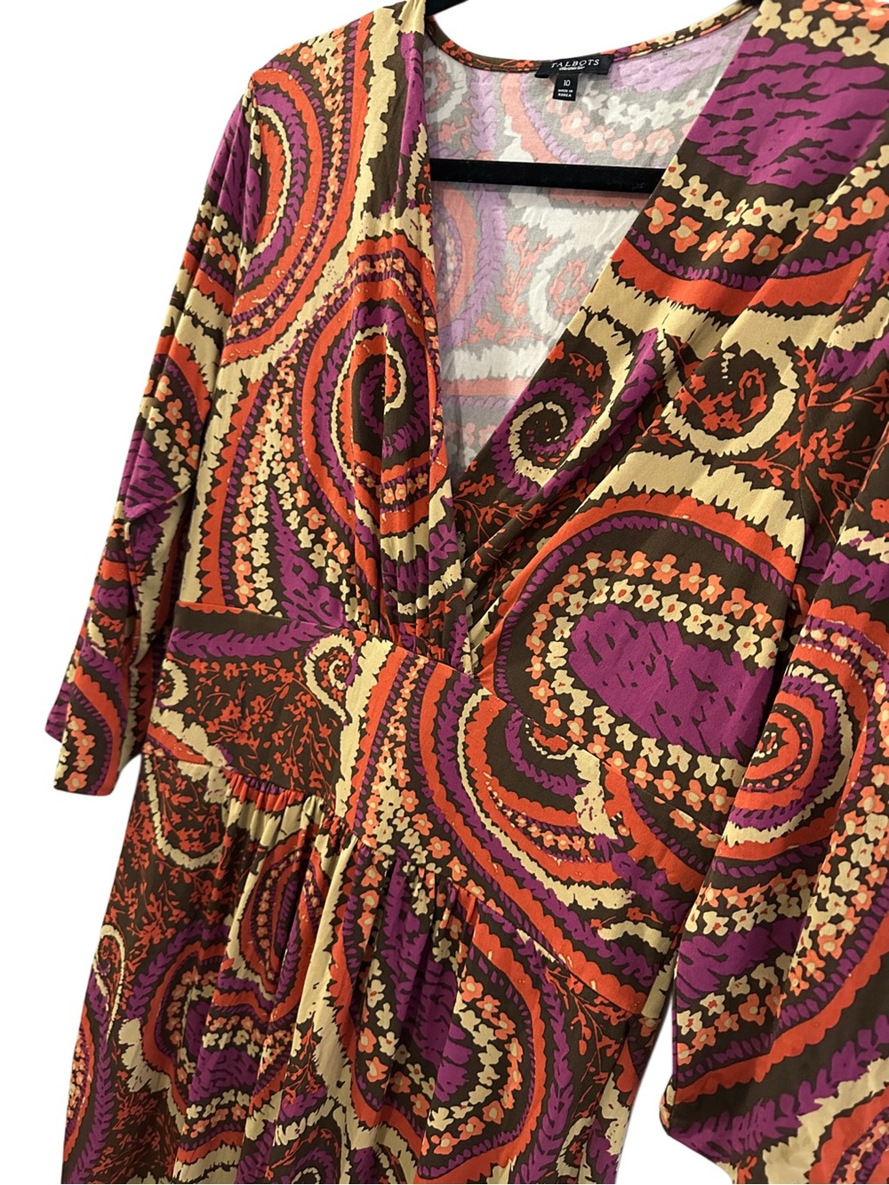 Talbots Paisley Print Faux Wrap Dress Sz 10 Boho Stretch Knee Length 3/4 Sleeve - Picture 5 of 6